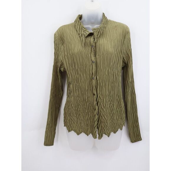 Babette Crinkled Stretch Snap Front Long Sleeve Blouse Shirt Top Size S Green - Picture 1 of 6
